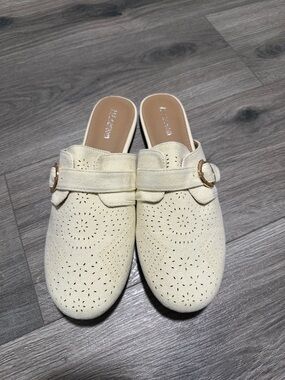 Cream Perforated Slip-On Mule with Buckle Accent